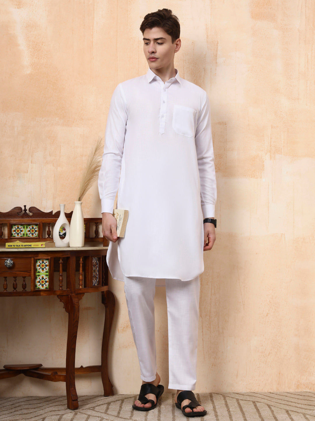 [MGPT] Men's White Pathani Cotton Kurta Set