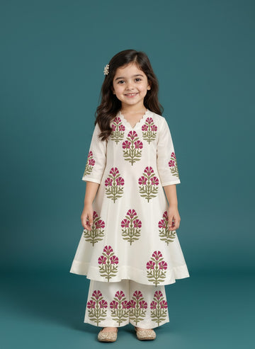 Girls' Off-White Art Silk Kurti Palazzo Set – Printed