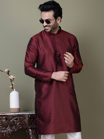 Geometric Woven Design Mandarin Collar Straight Kurta with Pyjama
