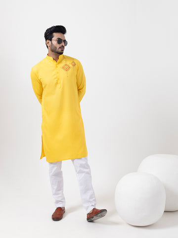 [CCSP] Men's Yellow Ethnic Print Cotton Kurta Set