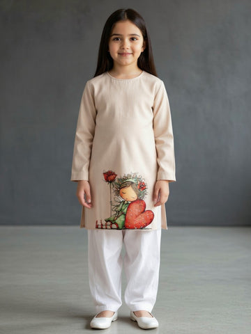 [DGKS-MGSP-RN] Girls Beige Ethnic Motifs Printed Cotton Kurti Set
