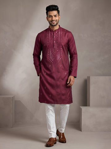 [NW] Men's Maroon Embroidered Cotton Silk Kurta Set