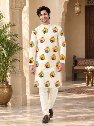 Men's Off-White Art Silk Kurta Pyjama Set – Ethnic Print & Side Placket