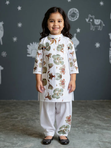 [DGKS-MGSP-B] Girls White Ethnic Motifs Printed Cotton Kurti Set
