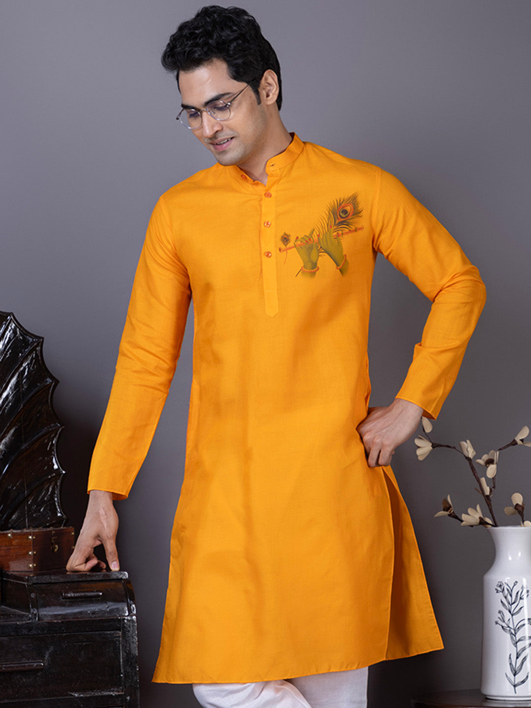 Mens Orange Printed Kurta Pyjama Set