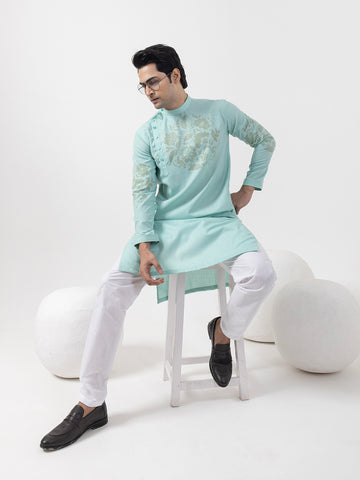 [MGSP-B] Men's Green Ethnic Print Side Placket Cotton Kurta Set