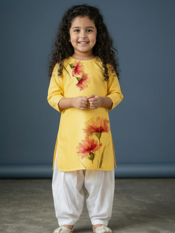 [DGKS-MGSP-RN] Girls Yellow Ethnic Motifs Printed Cotton Kurti Set