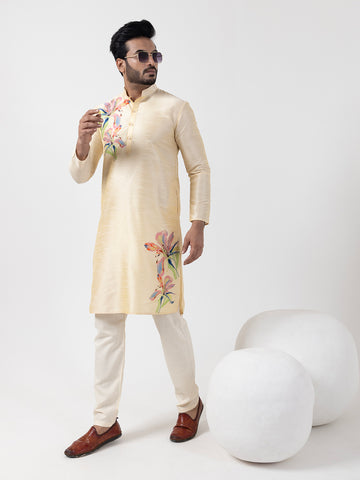 Mens Beige Printed Kurta Pyjama Set