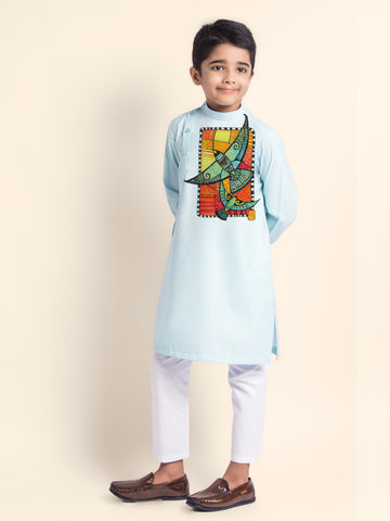 Boys Sky Blue Printed Kurta With Pyjama Set