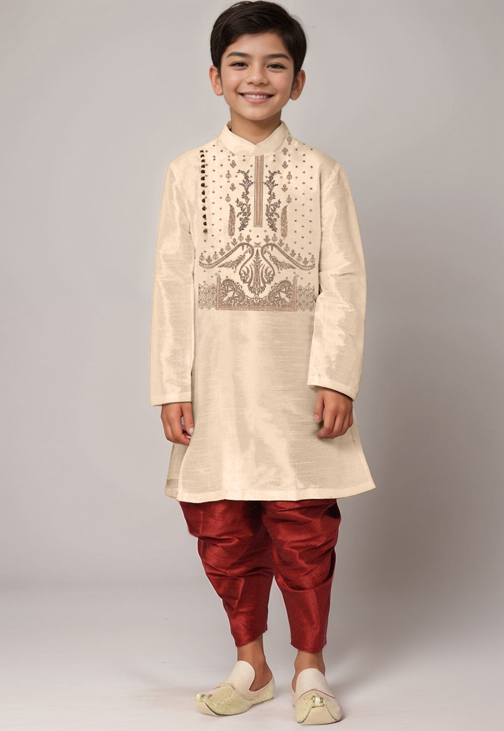 Boys Beige Printed Kurta With Dhoti