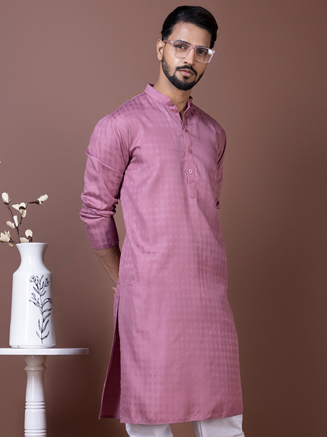 [SH] Men's Mauve Self Design Cotton Kurta Set
