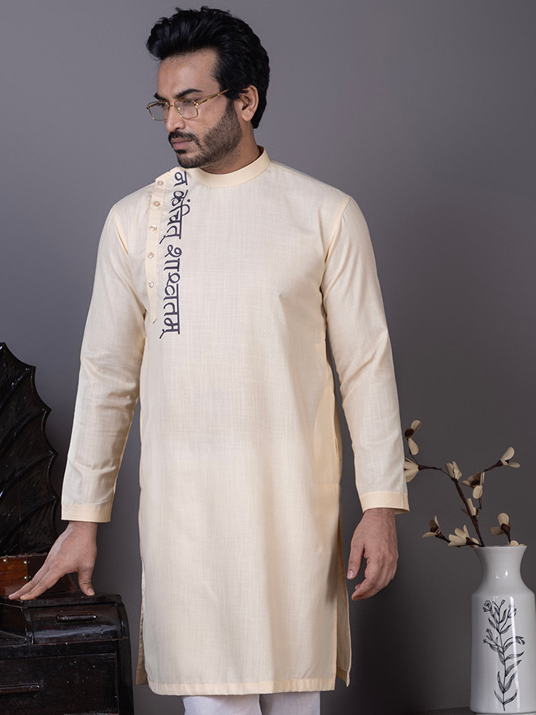 Men's Beige Cotton Kurta Set With Print