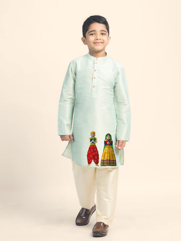 Boys Green Printed Kurta with Beige Pyjama Set