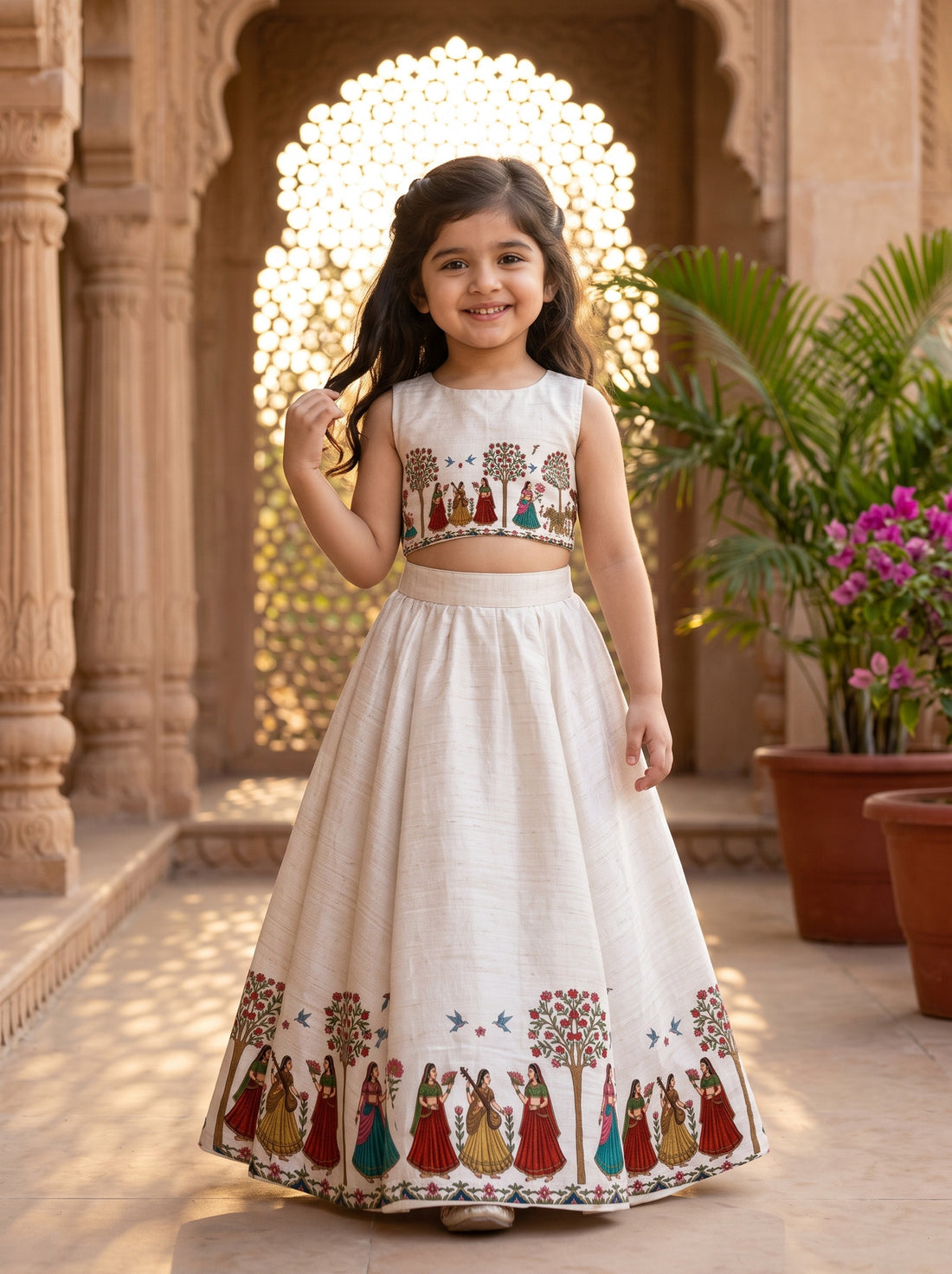 Girls' Off-White Art Silk Lehenga Set – Printed