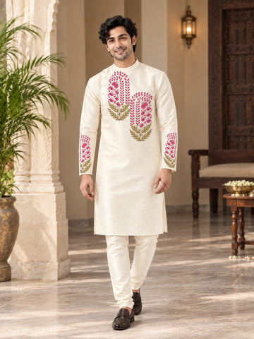 Men's Off-White Art Silk Kurta Pyjama Set – Ethnic Print & Side Placket