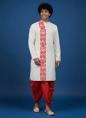 Men's White Cotton Kurta with Dhoti Set – Ethnic Print & Side Placket