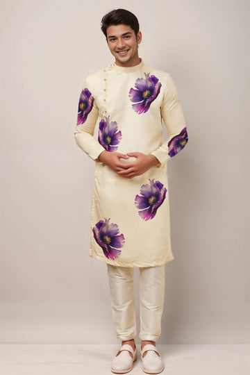 Floral Printed Thread Work Mandarin Collar Side Placket Cotton Straight Kurta With Pyjama Set