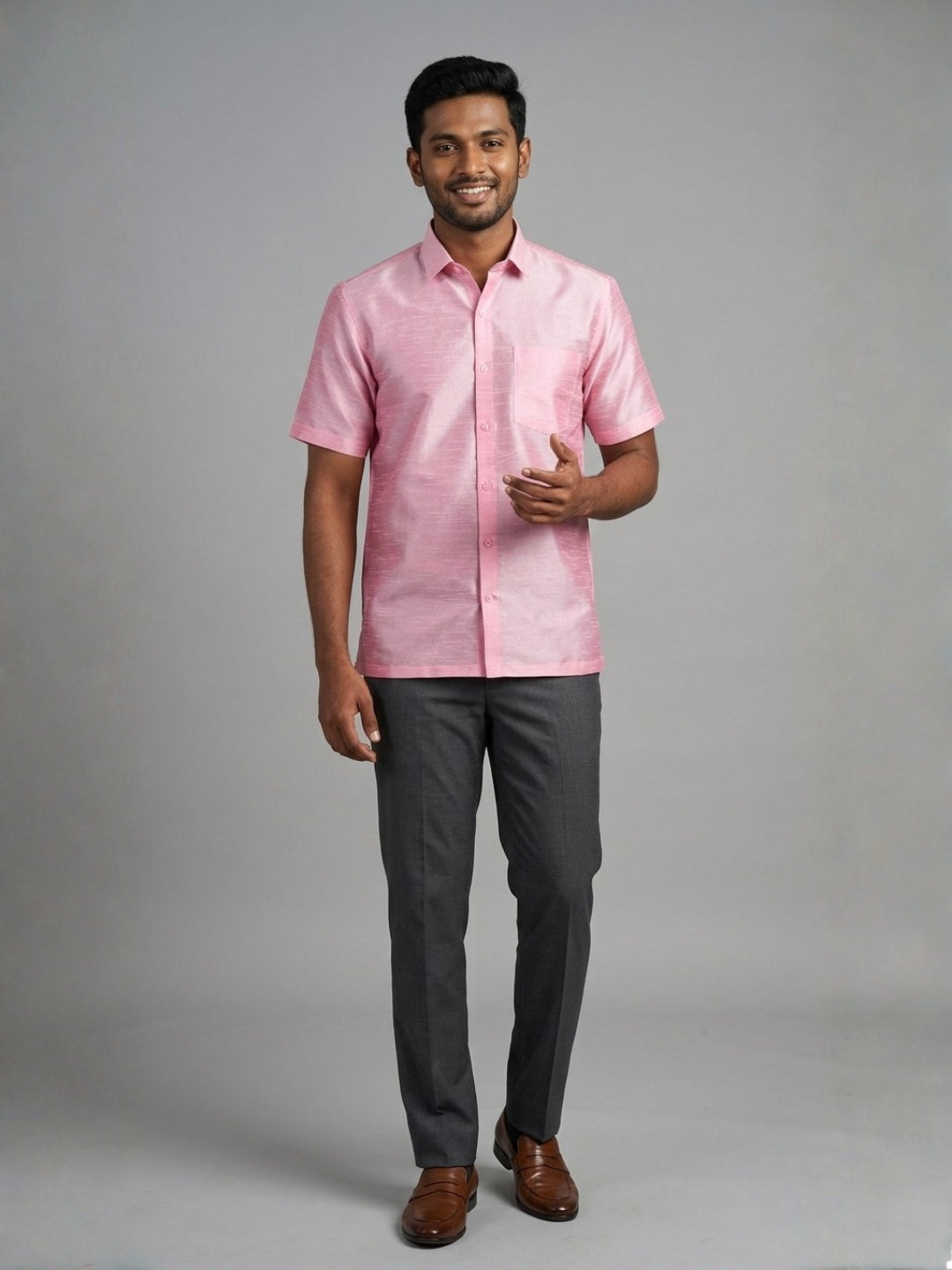 [DS-DP] Men's Pink Solid Textured Art Silk Shirt