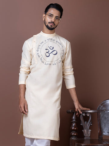 Mens Beige Side Placket Printed Kurta With Pyjama Set