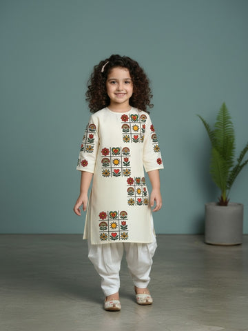[DGKS-MGSP-RN] Girls Beige Ethnic Motifs Printed Cotton Kurti Set