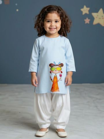 [DGKS-MGSP-RN] Girls Sky Blue Ethnic Motifs Printed Cotton Kurti Set