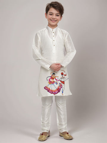 Boys White Printed Kurta With Pyjama Set