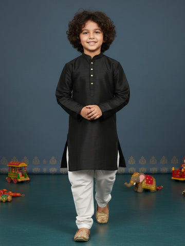 [DBKS-DP] Boy's Black Solid Art Silk kurta Set