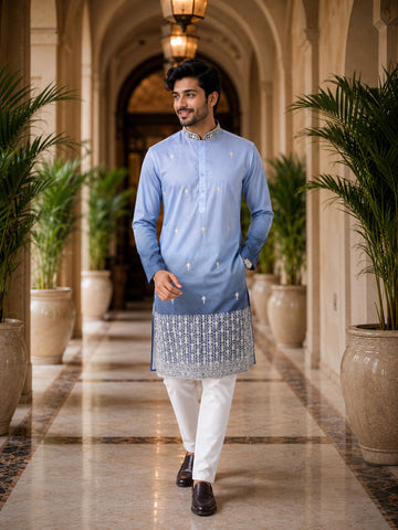[NW] Men's Blue Embroidered Cotton Silk Kurta Set