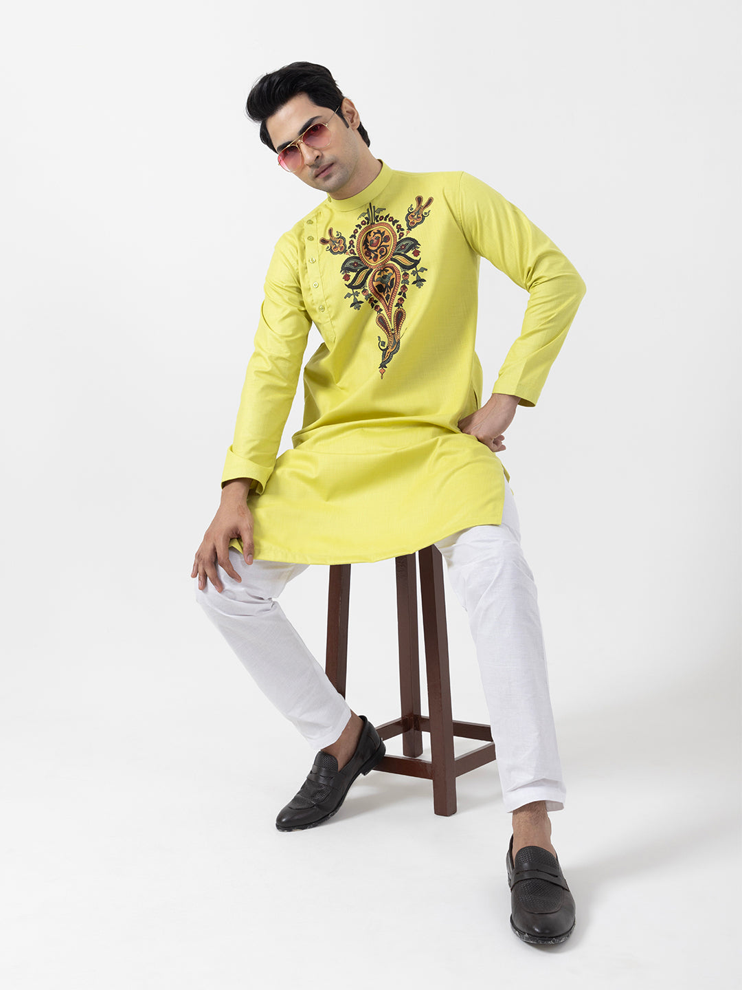 Mens Lime Green Side Placket Printed Kurta Wite Pyjama Set
