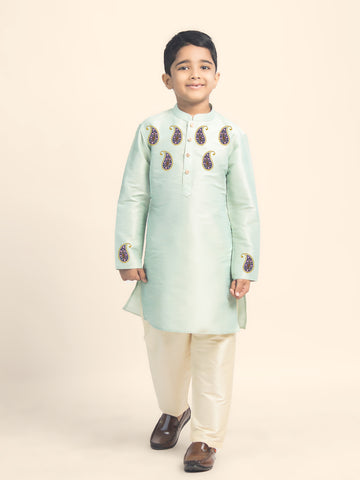 Boys Green Printed Kurta with Beige Pyjama Set