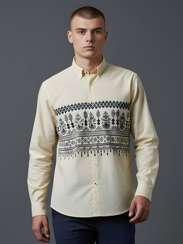 [DS-MGSP] Men's Beige Ethnic Printed Cotton Shirt