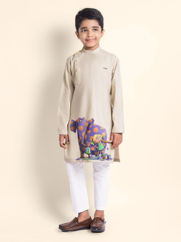 Boys Beige Printed Kurta With Pyjama