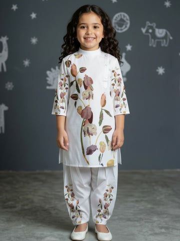 [DGKS-MGSP-B] Girls White Ethnic Motifs Printed Cotton Kurti Set