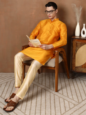 Men Dupion Silk Straight Kurta With Pyjama Set