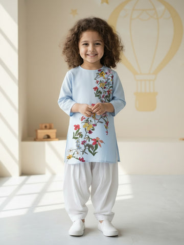 [DGKS-MGSP-RN] Girls Sky Blue Ethnic Motifs Printed Cotton Kurti Set