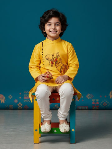 [DBKS-DPSP-B] Boy's Yellow Ethnic motifs Print Art Silk kurta Set