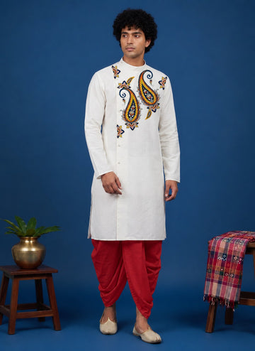 Men's White Cotton Kurta with Dhoti Set – Ethnic Print & Side Placket