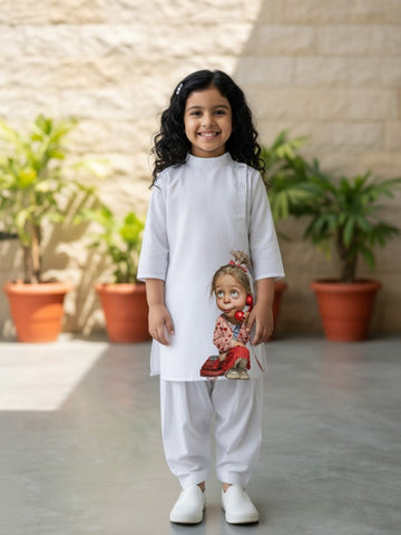[DGKS-MGSP-B] Girls White Ethnic Motifs Printed Cotton Kurti Set