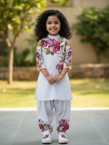 [DGKS-MGSP-B] Girls White Ethnic Motifs Printed Cotton Kurti Set
