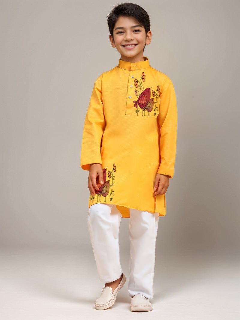 Boys Yellow Printed Kurta with Pyjama Set