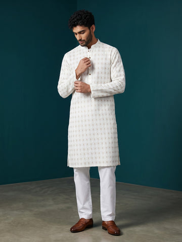 [PR] Men's White Ethnic Motif Cotton Kurta Set