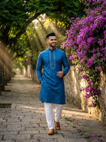 [NW] Men's Blue Embroidered Cotton Silk Kurta Set