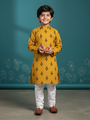 [DBKS-MGAO-B] Boy's Yellow Ethnic motifs Printed cotton kurta Set