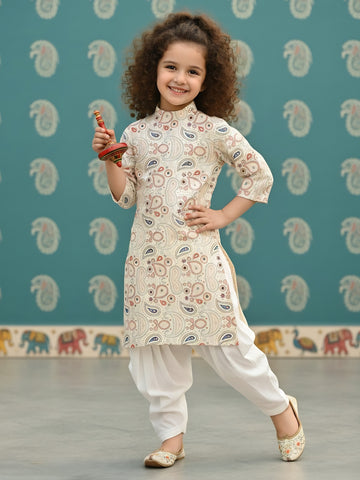 [DGKS-MGSP] Girls Beige Ethnic motifs Printed Cotton Kurti Set