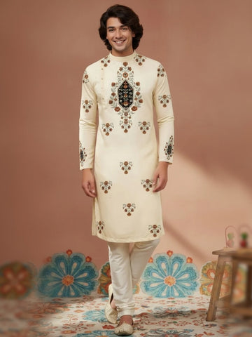 [MGSP-B] Men's Beige Ethnic Print Side Placket Cotton Kurta Set