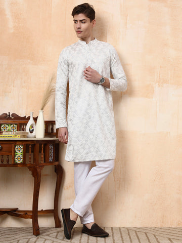 [KD] Men's White Silver Jari Work Cotton Kurta Set