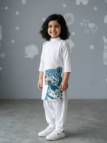 [DGKS-MGSP-B] Girls White Ethnic Motifs Printed Cotton Kurti Set