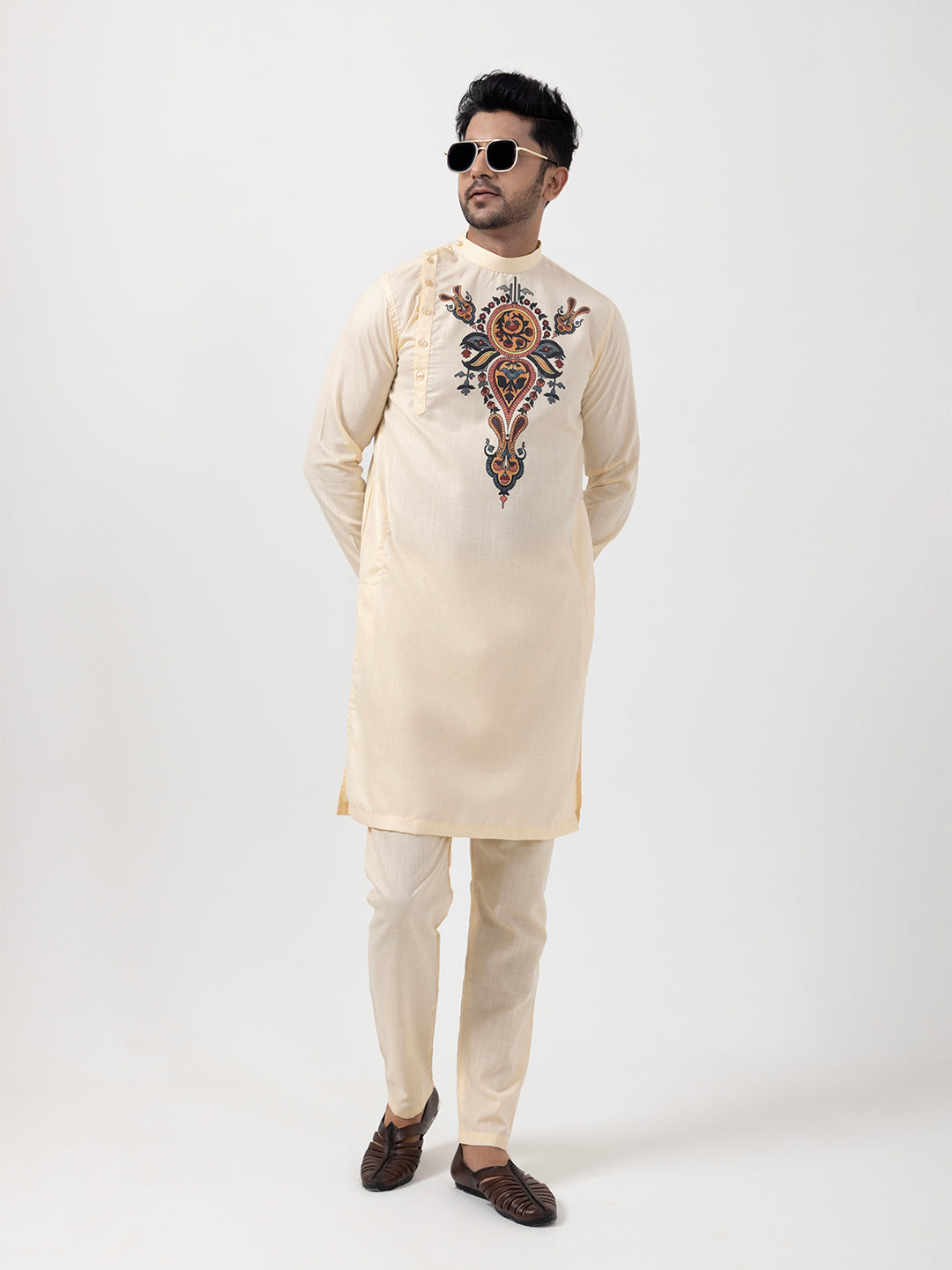Mens Beige Side Placket Printed Kurta With Pyjama Set