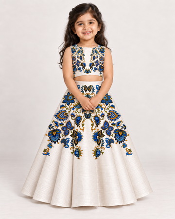 Girls' Off-White Art Silk Lehenga Set – Printed
