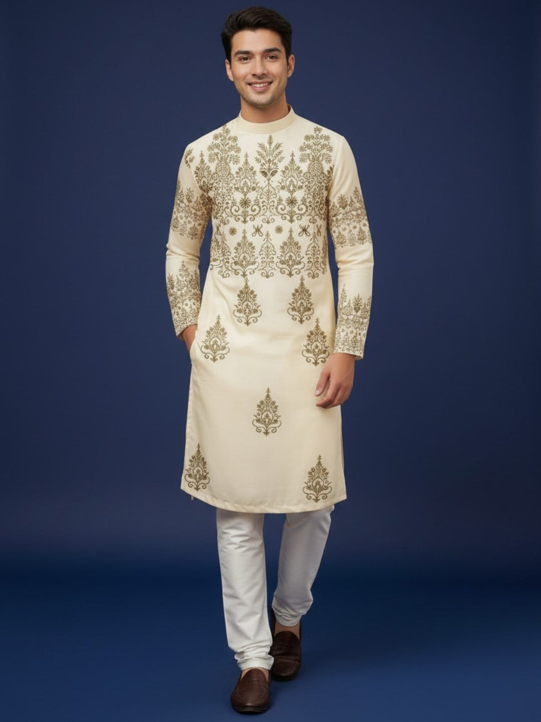 [MGSP-B] Men's Beige Ethnic Print Side Placket Cotton Kurta Set